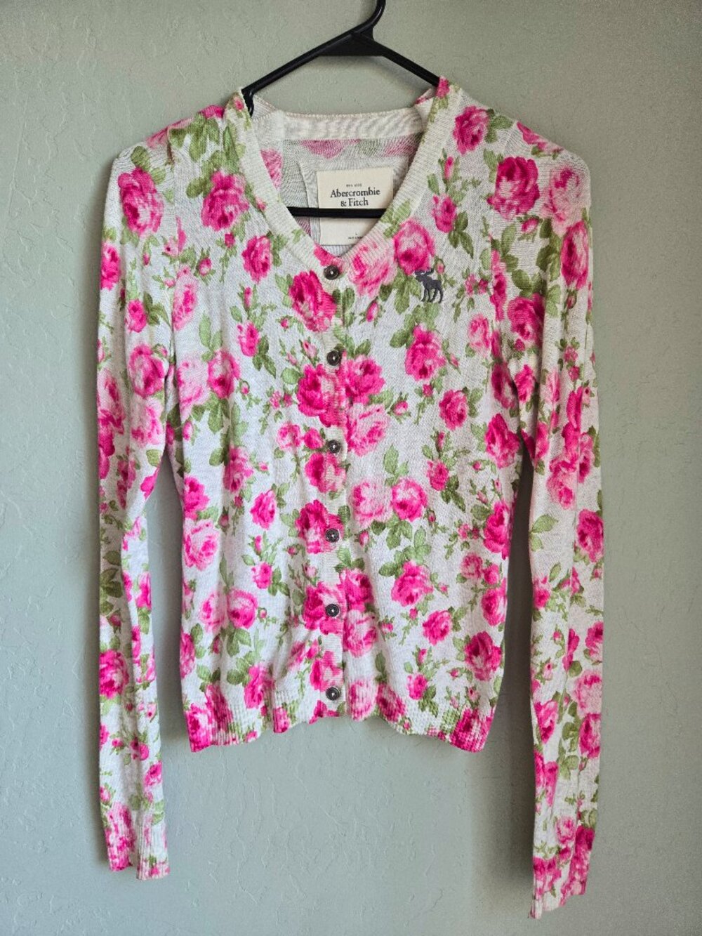 ABERCROMBIE & FITCH Pink & Green Floral Cardigan Sweater, Women's L